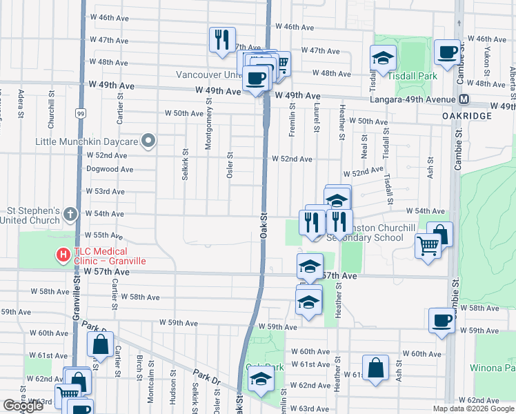 map of restaurants, bars, coffee shops, grocery stores, and more near 7071 Oak Street in Vancouver