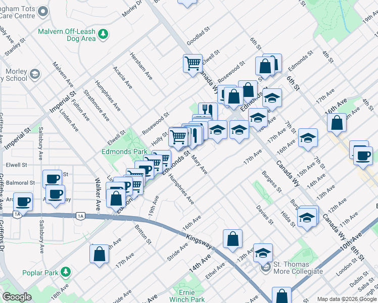 map of restaurants, bars, coffee shops, grocery stores, and more near Edmonds Street & Mary Avenue in Burnaby