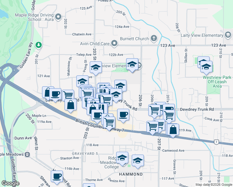 map of restaurants, bars, coffee shops, grocery stores, and more near 20465 120B Avenue in Maple Ridge