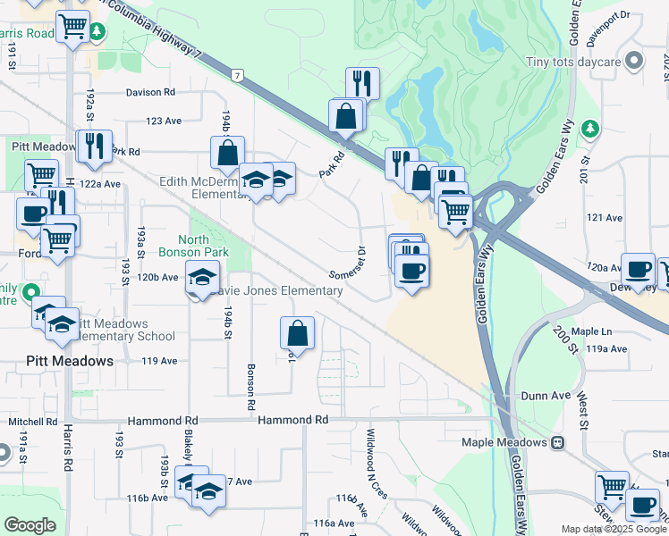 map of restaurants, bars, coffee shops, grocery stores, and more near 19624 Somerset Drive in Pitt Meadows
