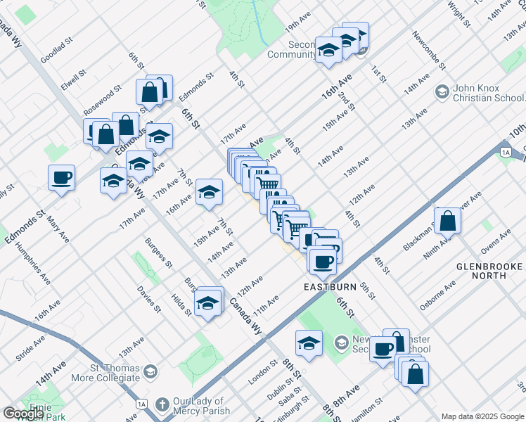 map of restaurants, bars, coffee shops, grocery stores, and more near 7639 6th Street in Burnaby