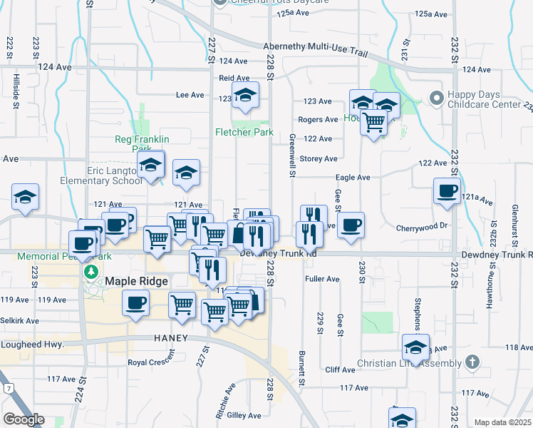 map of restaurants, bars, coffee shops, grocery stores, and more near 12075 228 Street in Maple Ridge