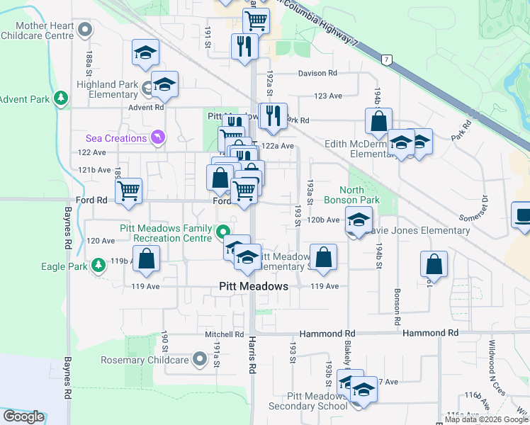 map of restaurants, bars, coffee shops, grocery stores, and more near in Pitt Meadows