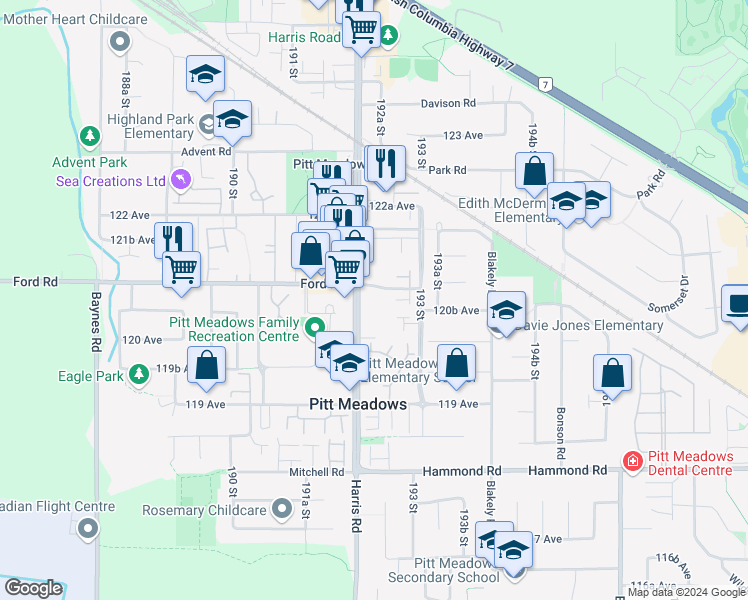 map of restaurants, bars, coffee shops, grocery stores, and more near 19236 Ford Road in Pitt Meadows