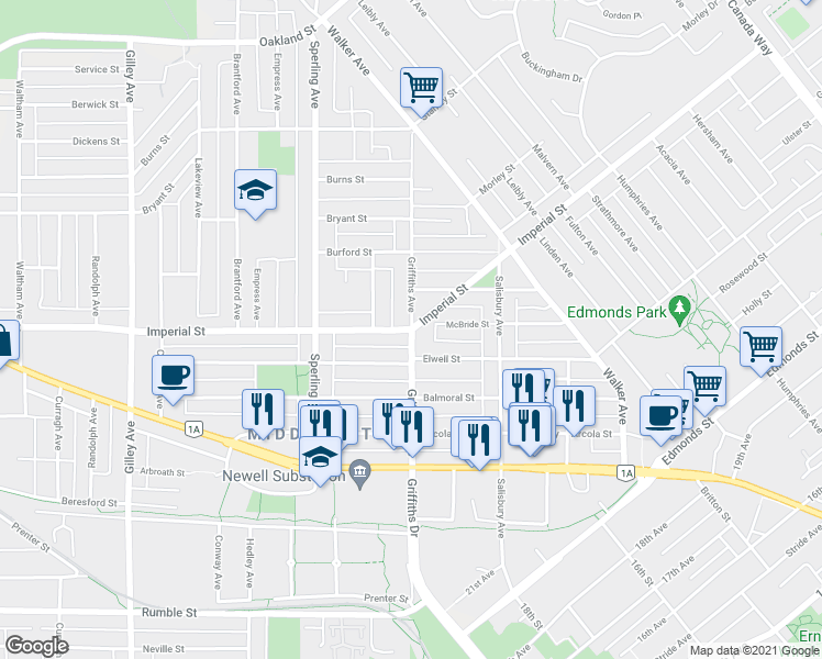 map of restaurants, bars, coffee shops, grocery stores, and more near 6791 Griffiths Avenue in Burnaby