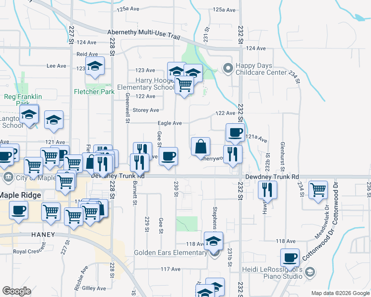 map of restaurants, bars, coffee shops, grocery stores, and more near 12149 Cherrywood Drive in Maple Ridge