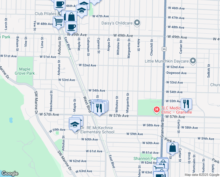 map of restaurants, bars, coffee shops, grocery stores, and more near 6996 Angus Drive in Vancouver