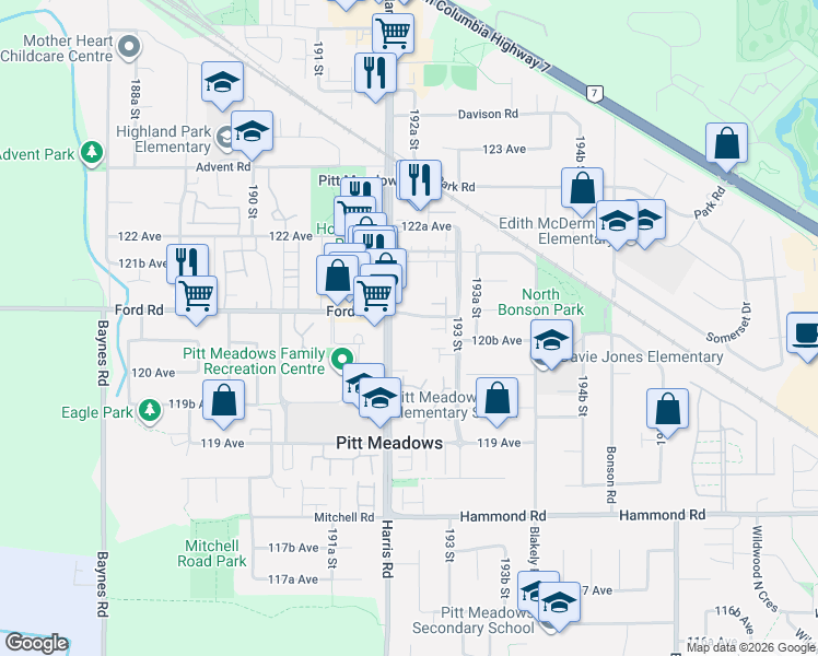 map of restaurants, bars, coffee shops, grocery stores, and more near in Pitt Meadows
