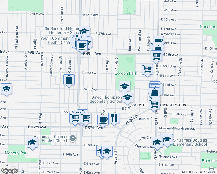 map of restaurants, bars, coffee shops, grocery stores, and more near 6872 Fleming Street in Vancouver