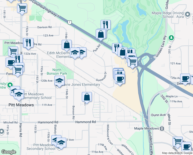 map of restaurants, bars, coffee shops, grocery stores, and more near 19620 Somerset Drive in Pitt Meadows