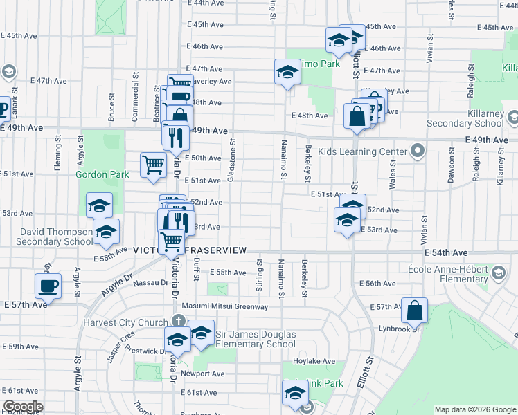 map of restaurants, bars, coffee shops, grocery stores, and more near 2260 East 52nd Avenue in Vancouver