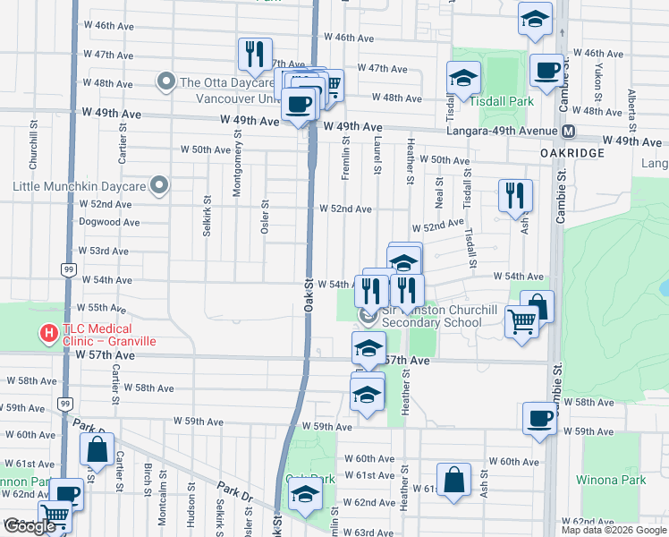 map of restaurants, bars, coffee shops, grocery stores, and more near 6963 Fremlin Street in Vancouver