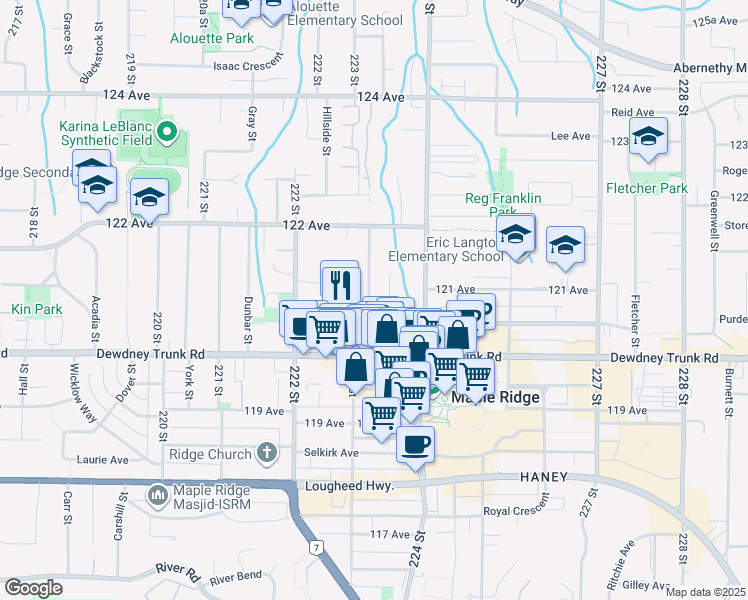 map of restaurants, bars, coffee shops, grocery stores, and more near 12084 223 Street in Maple Ridge