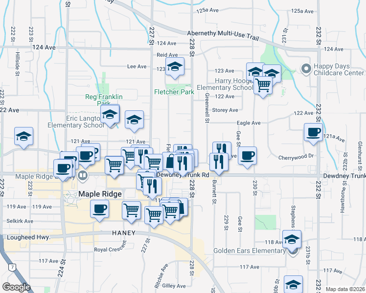 map of restaurants, bars, coffee shops, grocery stores, and more near in Maple Ridge