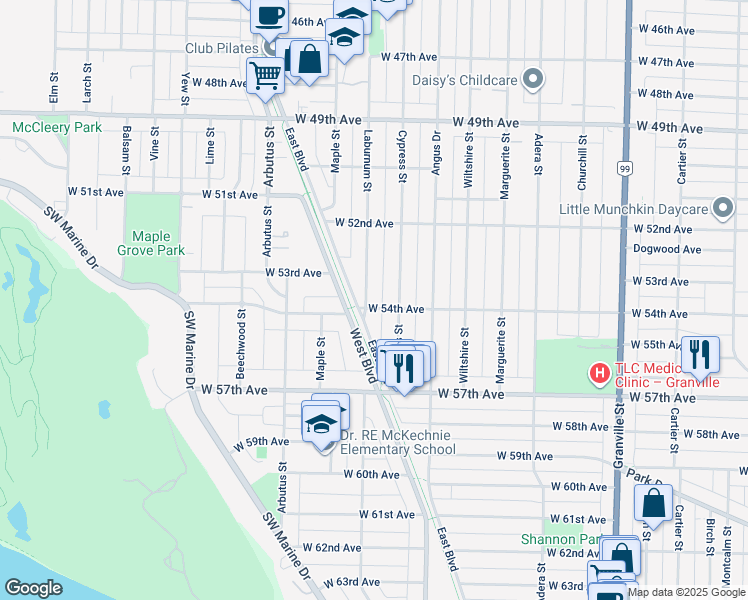 map of restaurants, bars, coffee shops, grocery stores, and more near 6996 Laburnum Street in Vancouver