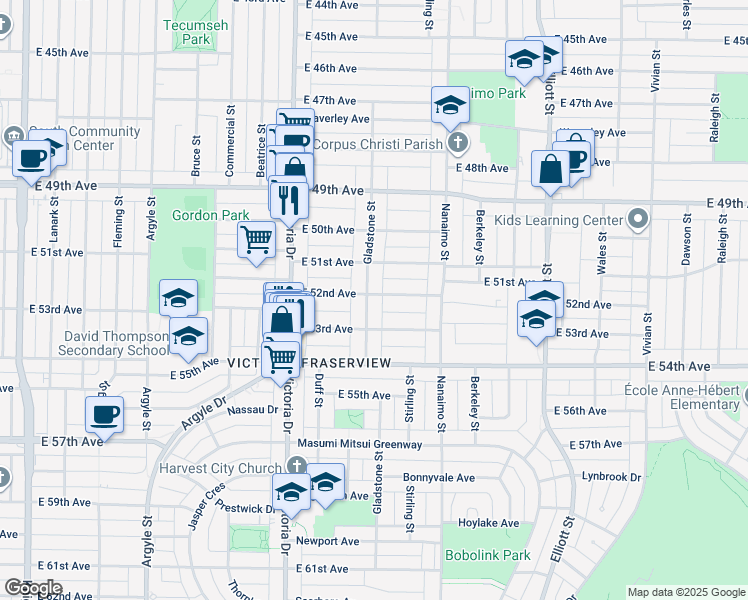 map of restaurants, bars, coffee shops, grocery stores, and more near 6808 Gladstone Street in Vancouver