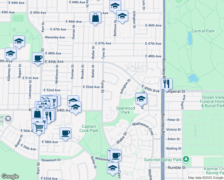 map of restaurants, bars, coffee shops, grocery stores, and more near 3431 East 52nd Avenue in Vancouver