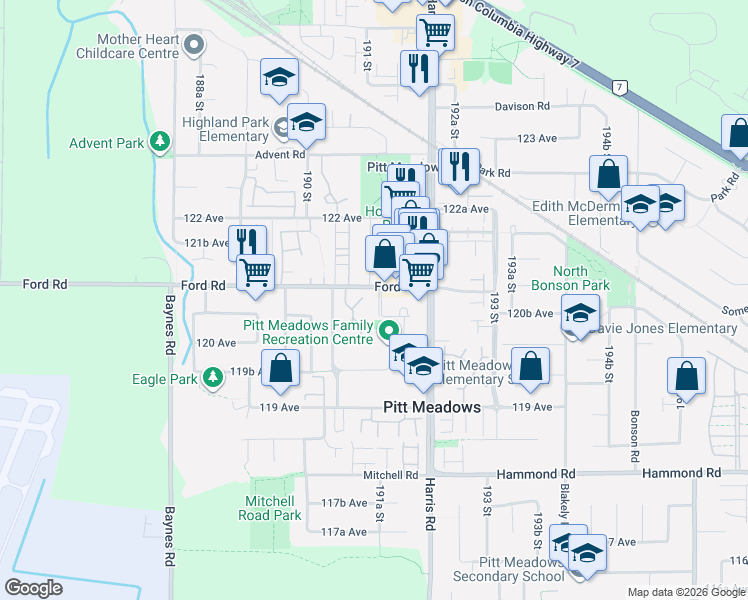 map of restaurants, bars, coffee shops, grocery stores, and more near 19128 Ford Road in Pitt Meadows