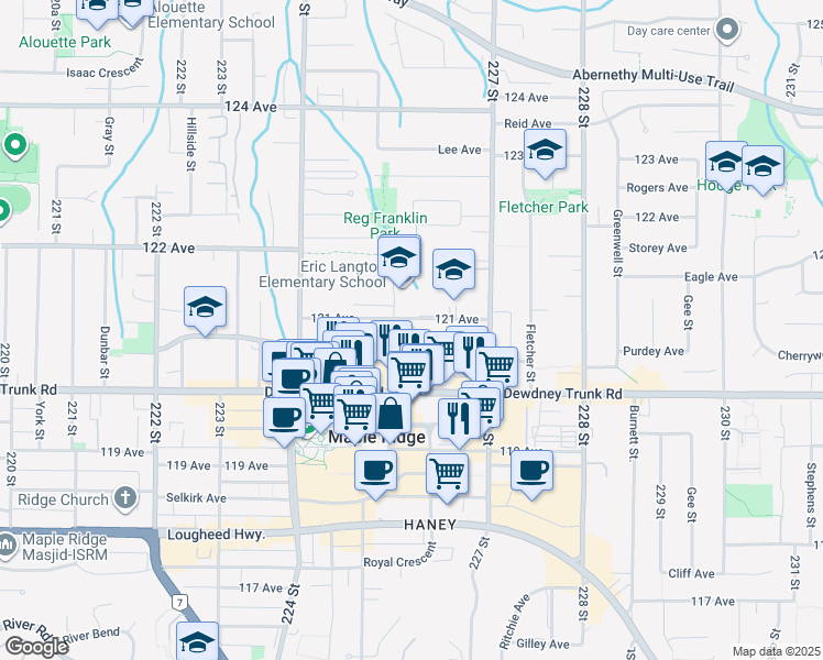 map of restaurants, bars, coffee shops, grocery stores, and more near 22562 121 Avenue in Maple Ridge