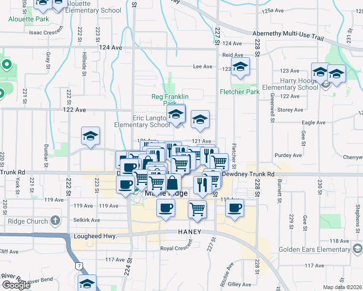 map of restaurants, bars, coffee shops, grocery stores, and more near 22562 121 Avenue in Maple Ridge
