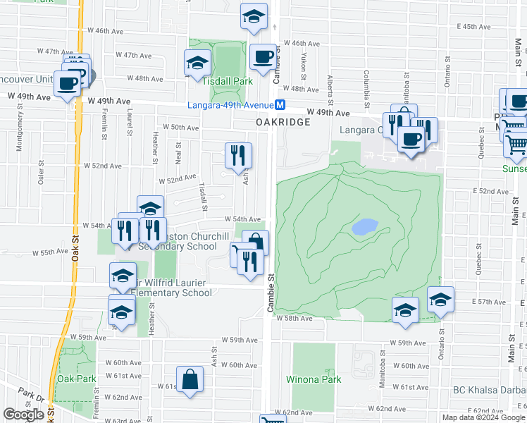 map of restaurants, bars, coffee shops, grocery stores, and more near 6999 Cambie Street in Vancouver