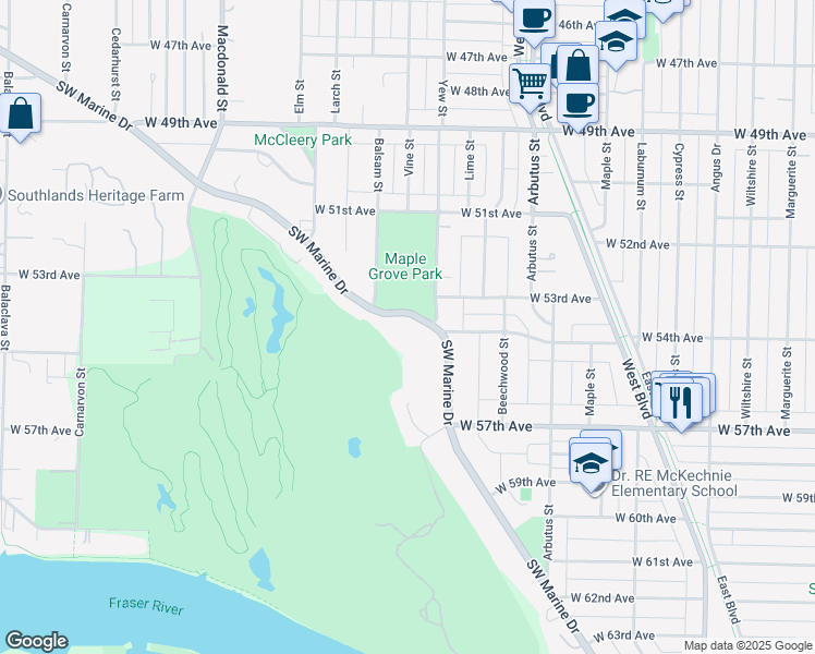 map of restaurants, bars, coffee shops, grocery stores, and more near 2318 Southwest Marine Drive in Vancouver