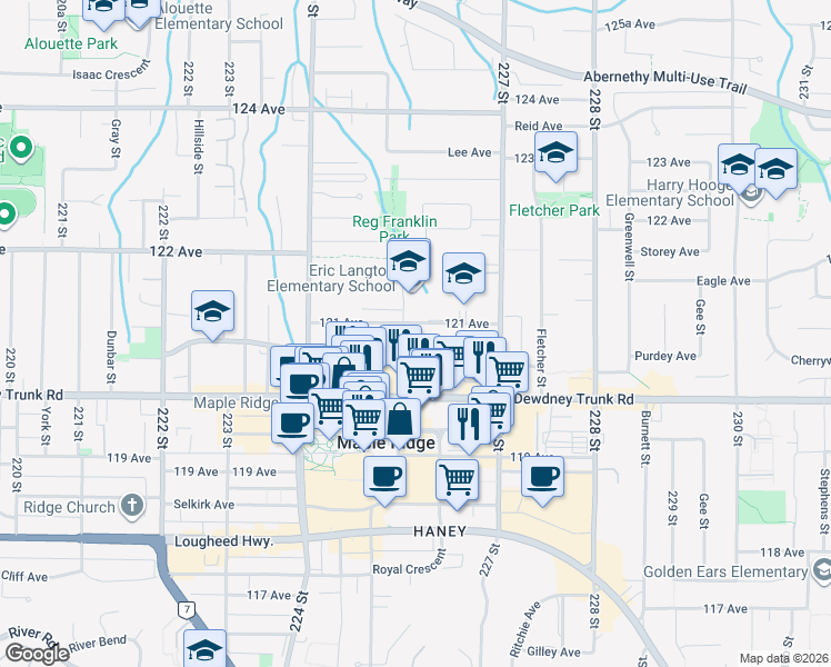 map of restaurants, bars, coffee shops, grocery stores, and more near 22562 121 Avenue in Maple Ridge