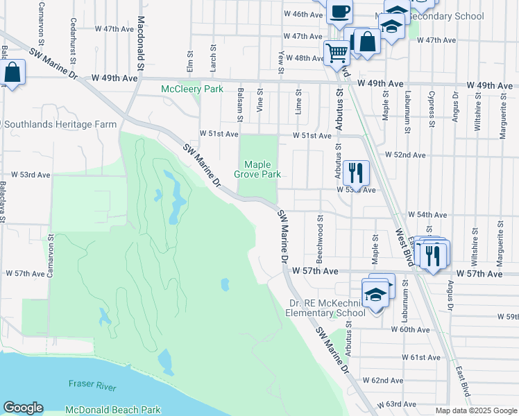 map of restaurants, bars, coffee shops, grocery stores, and more near 2318 Southwest Marine Drive in Vancouver