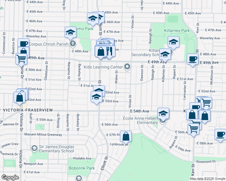 map of restaurants, bars, coffee shops, grocery stores, and more near 2663 East 52nd Avenue in Vancouver