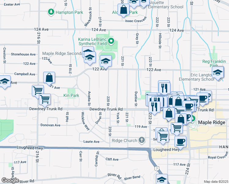 map of restaurants, bars, coffee shops, grocery stores, and more near in Maple Ridge