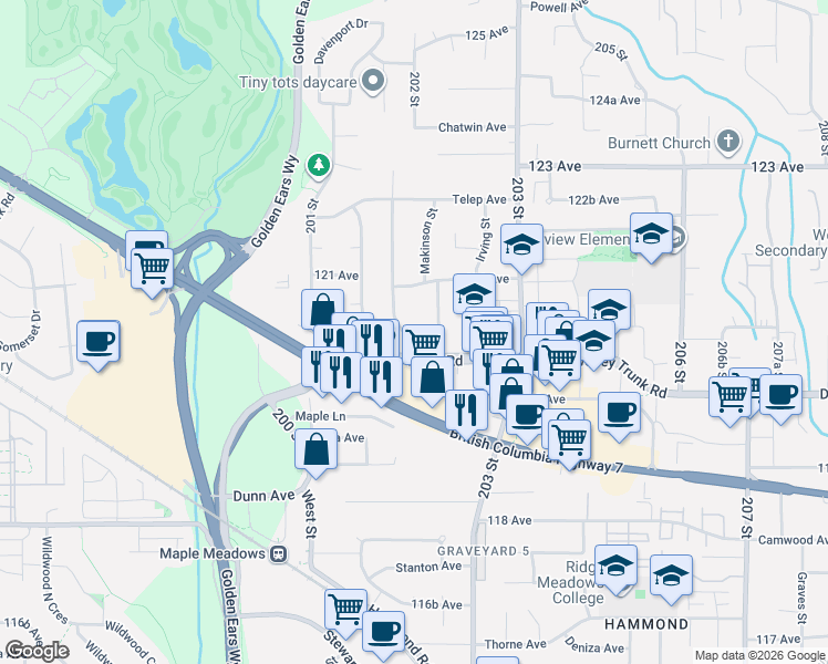 map of restaurants, bars, coffee shops, grocery stores, and more near 12084 202 Street in Maple Ridge