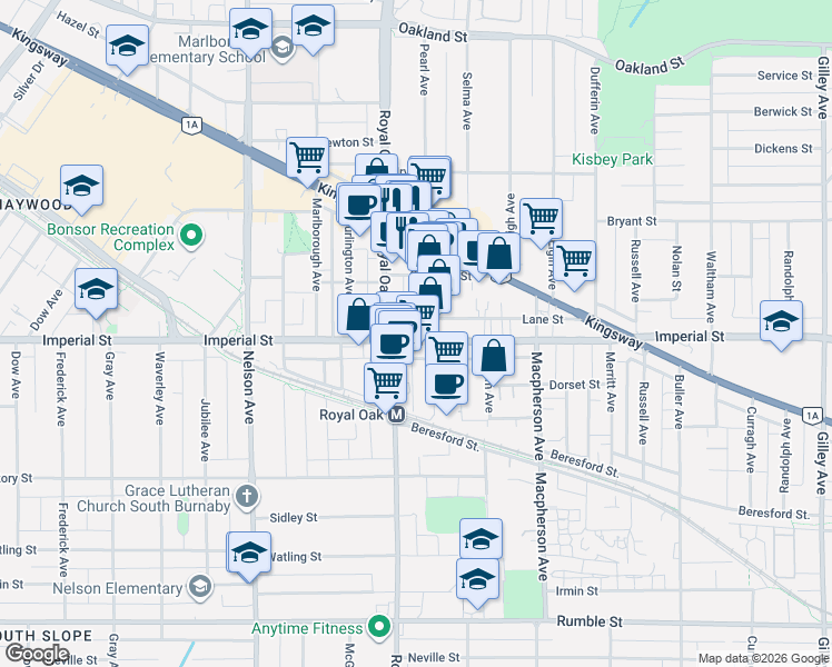map of restaurants, bars, coffee shops, grocery stores, and more near 5277 Imperial Street in Burnaby