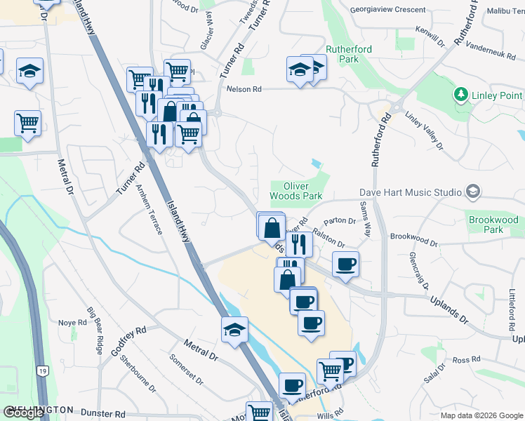 map of restaurants, bars, coffee shops, grocery stores, and more near 4752 Uplands Drive in Nanaimo