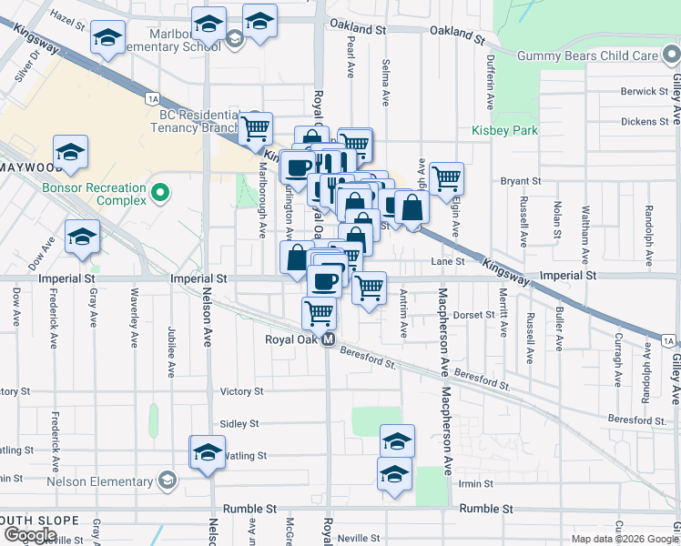 map of restaurants, bars, coffee shops, grocery stores, and more near 5263 Imperial Street in Burnaby