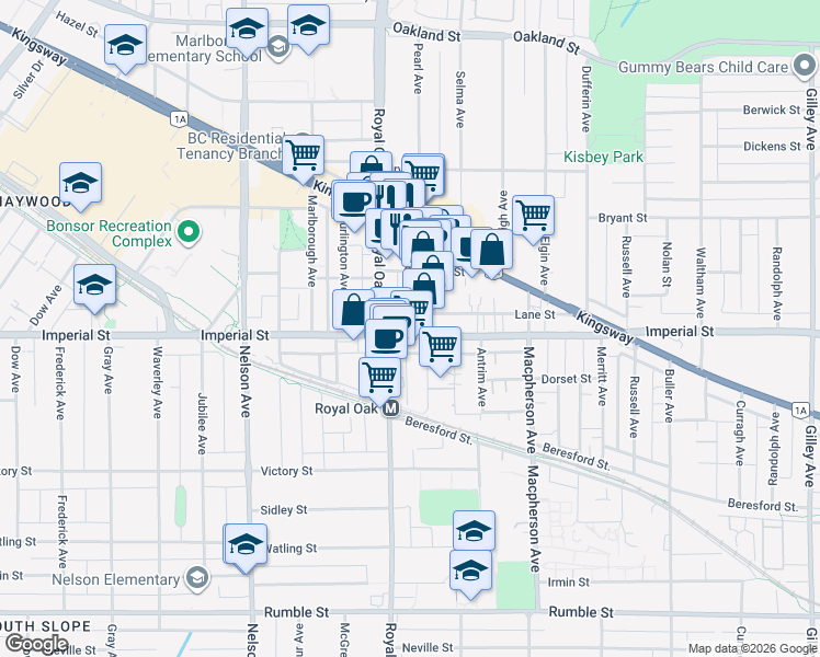 map of restaurants, bars, coffee shops, grocery stores, and more near 5277 Imperial Street in Burnaby