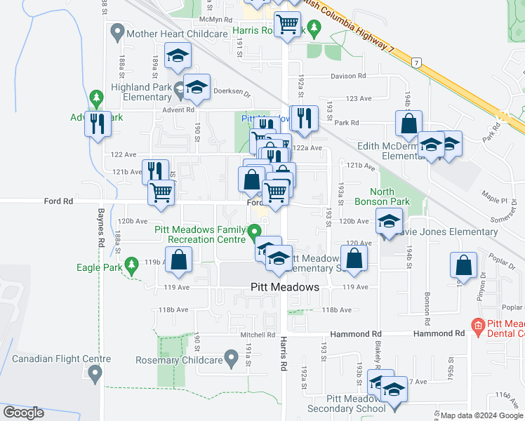 map of restaurants, bars, coffee shops, grocery stores, and more near 12069 Harris Road in Pitt Meadows
