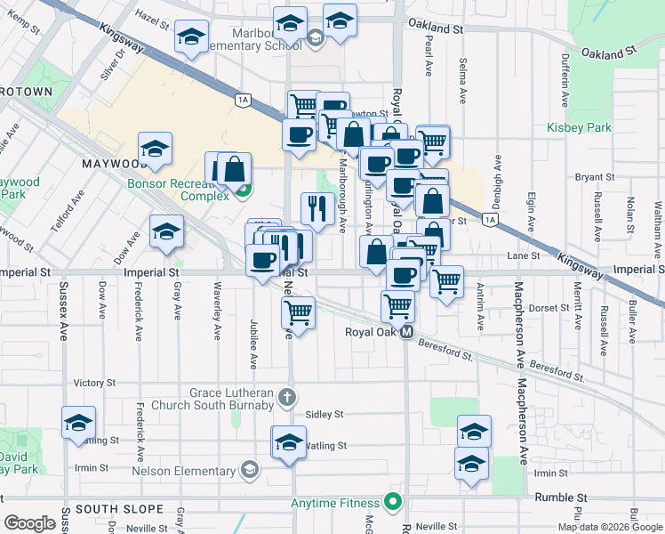 map of restaurants, bars, coffee shops, grocery stores, and more near 5051 Imperial Street in Burnaby