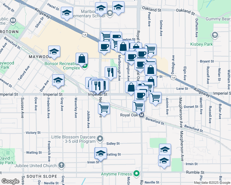 map of restaurants, bars, coffee shops, grocery stores, and more near 5051 Imperial Street in Burnaby