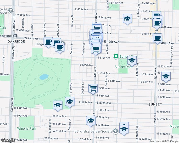 map of restaurants, bars, coffee shops, grocery stores, and more near 159 East 53rd Avenue in Vancouver