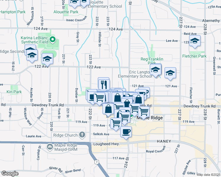 map of restaurants, bars, coffee shops, grocery stores, and more near 12109 223 Street in Maple Ridge