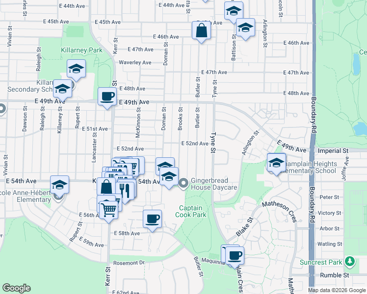map of restaurants, bars, coffee shops, grocery stores, and more near 6710 Brooks Street in Vancouver