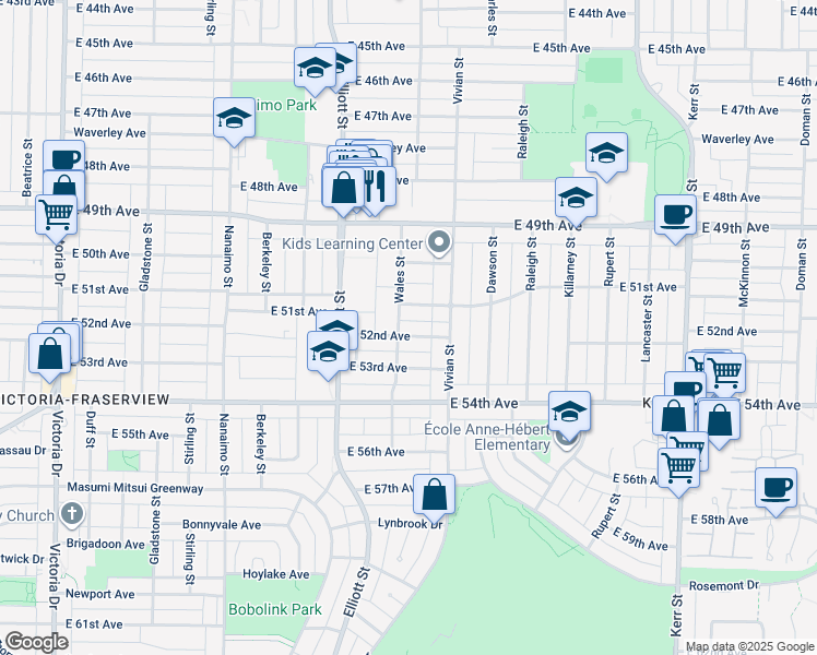 map of restaurants, bars, coffee shops, grocery stores, and more near 2725 East 52nd Avenue in Vancouver