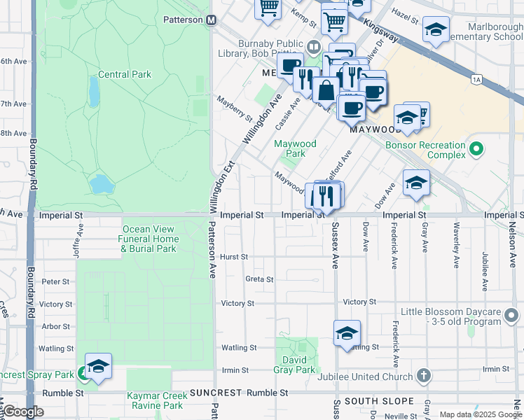map of restaurants, bars, coffee shops, grocery stores, and more near 4275 Imperial Street in Burnaby