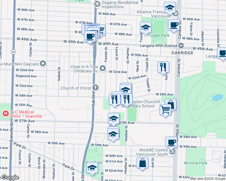 map of restaurants, bars, coffee shops, grocery stores, and more near 6949 Laurel Street in Vancouver
