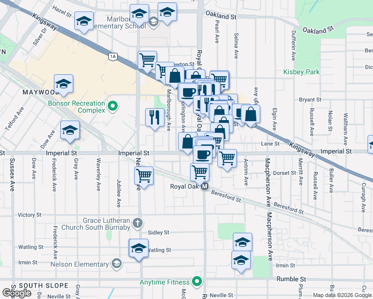 map of restaurants, bars, coffee shops, grocery stores, and more near 5111 Imperial Street in Burnaby