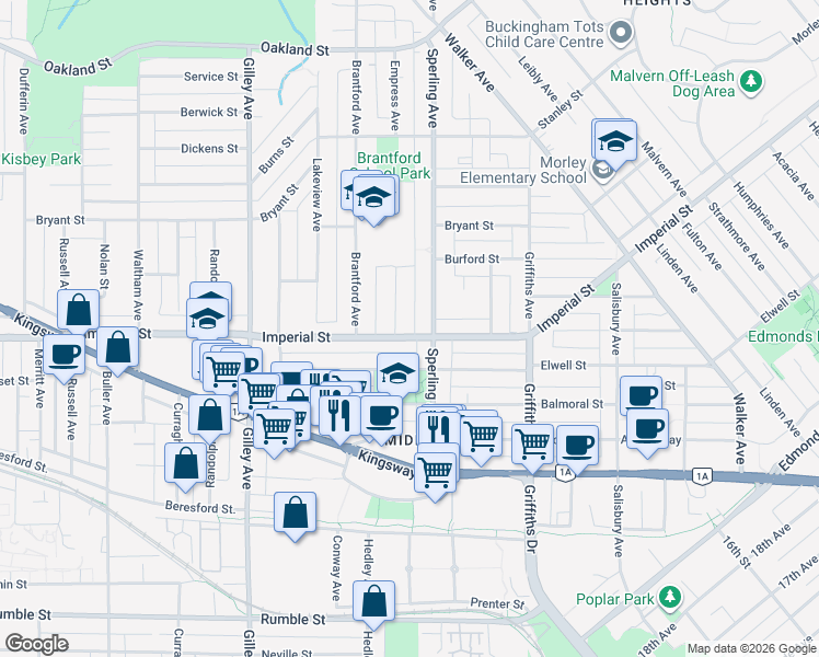 map of restaurants, bars, coffee shops, grocery stores, and more near 6667 Imperial Street in Burnaby