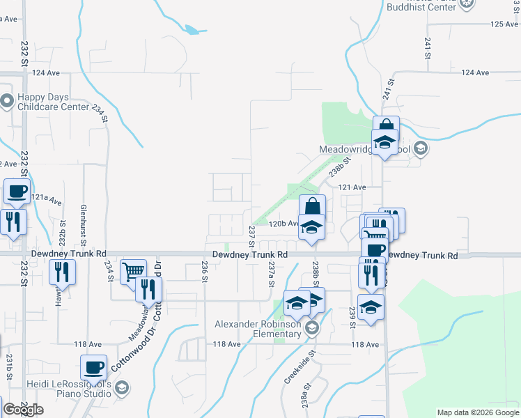 map of restaurants, bars, coffee shops, grocery stores, and more near 12102 237 Street in Maple Ridge
