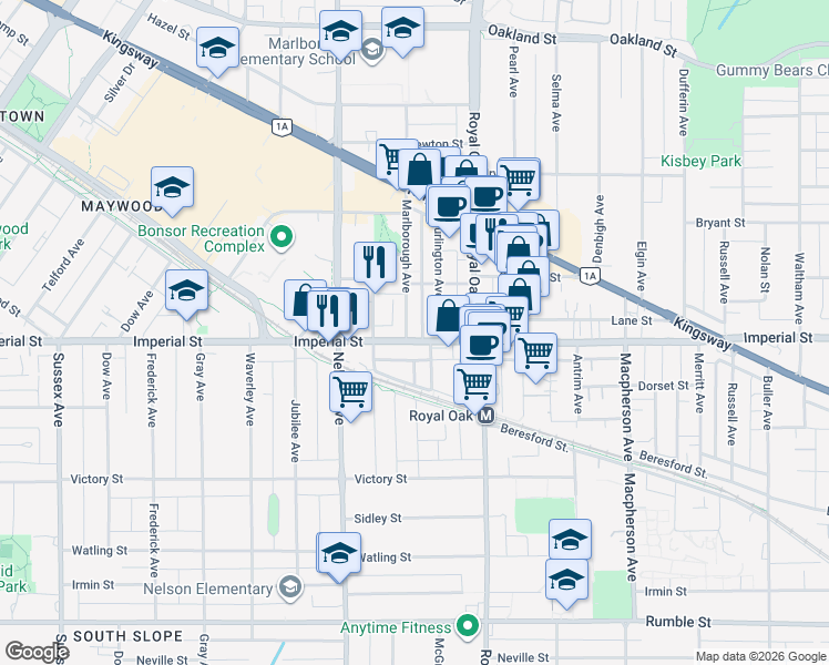 map of restaurants, bars, coffee shops, grocery stores, and more near 5055 Imperial Street in Burnaby