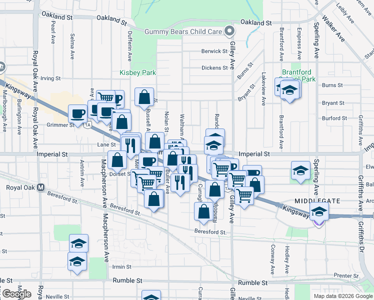 map of restaurants, bars, coffee shops, grocery stores, and more near 6796 Waltham Avenue in Burnaby