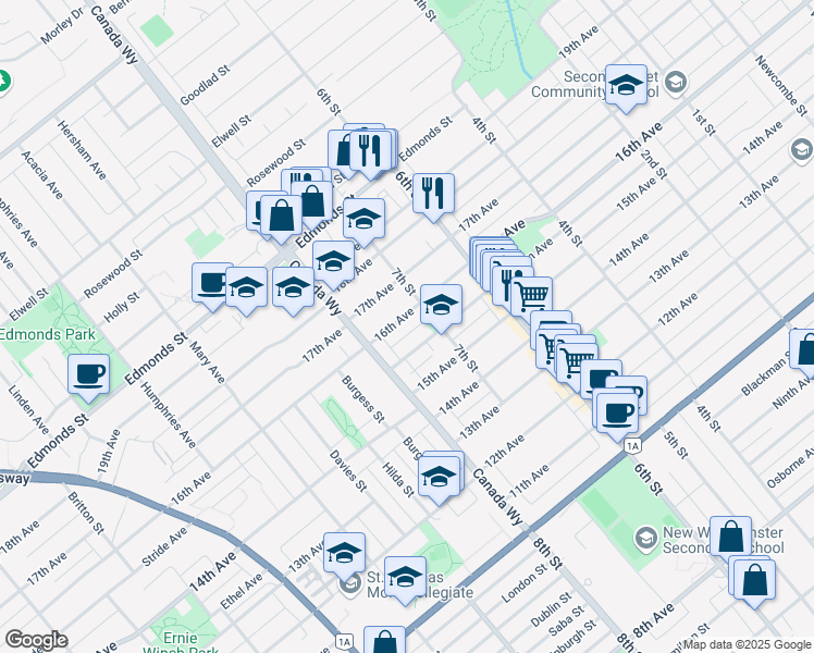 map of restaurants, bars, coffee shops, grocery stores, and more near 7770 16th Avenue in Burnaby